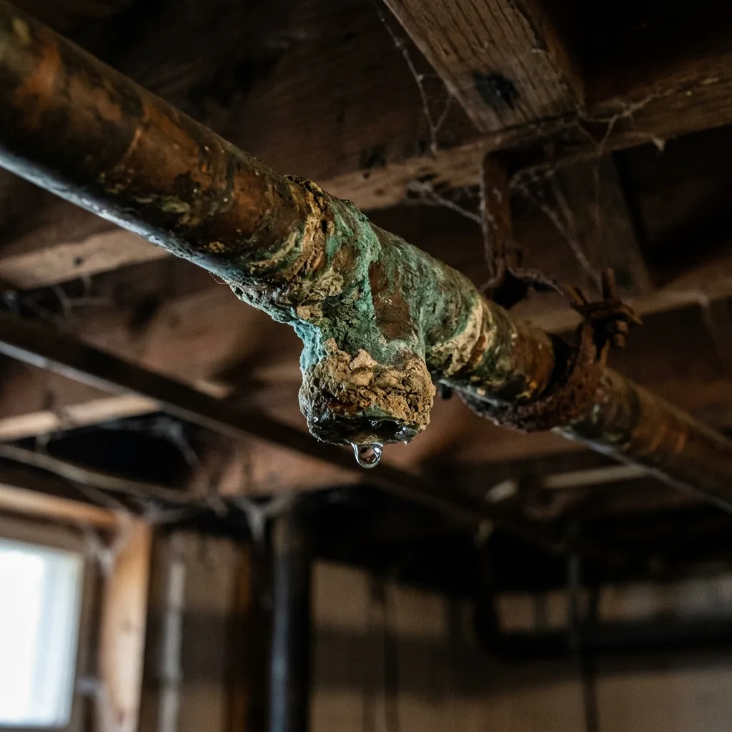 Corroded copper pipe joint with mineral buildup and a drip forming in a Kanata basement