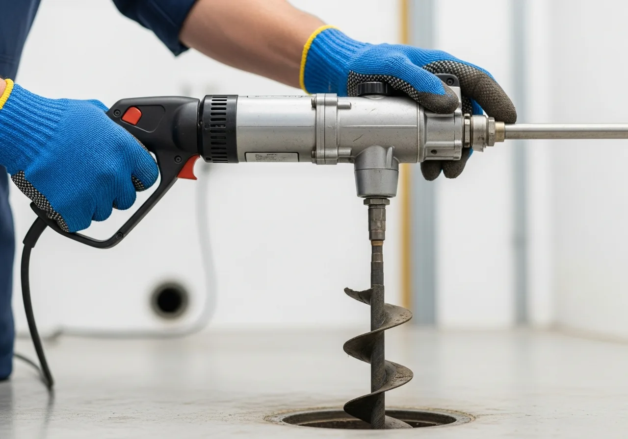 Plumber using a motorized drain auger snake cable to clear a clogged drain pipe
