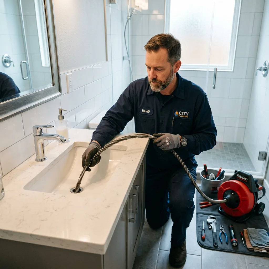 Plumber using a professional drain auger to clean a bathroom sink drain in a Kanata home