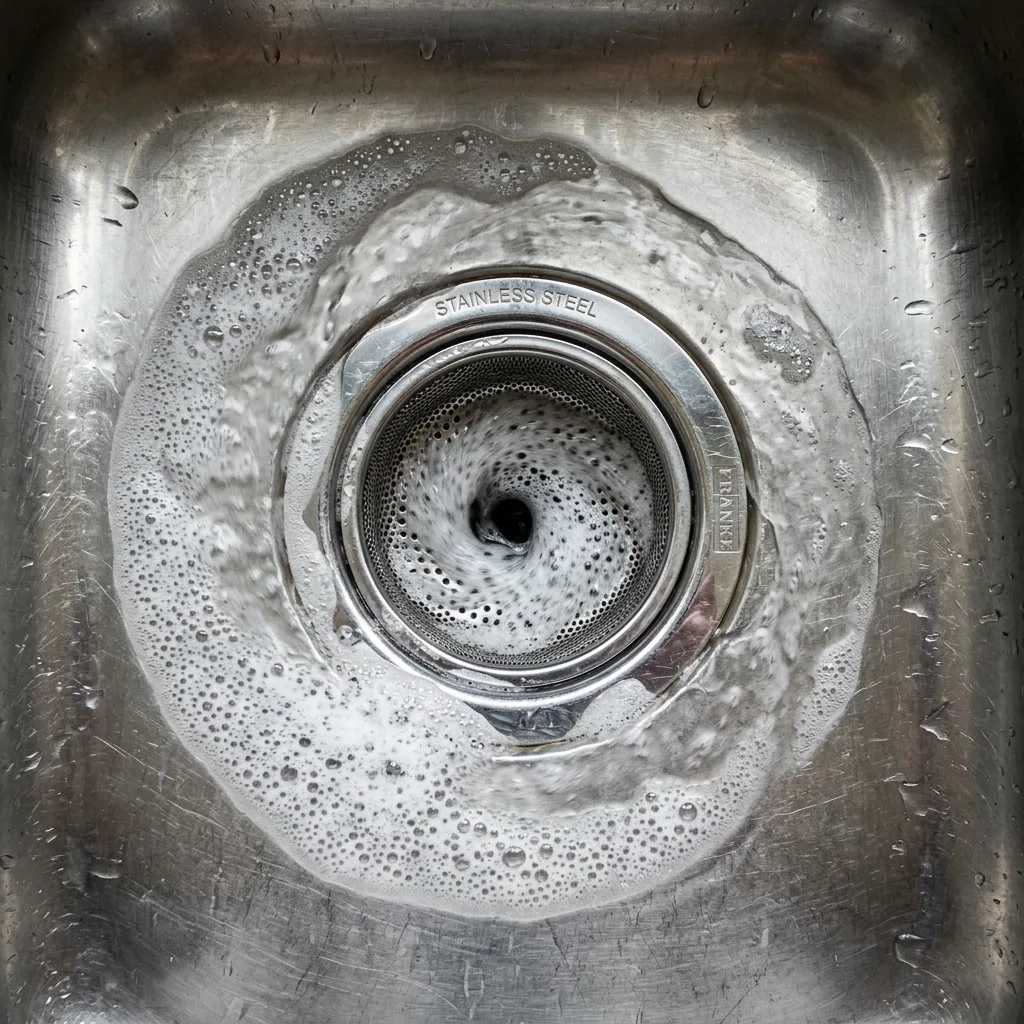 Water pooling and draining slowly around a kitchen sink drain — an early warning sign of a clogged line