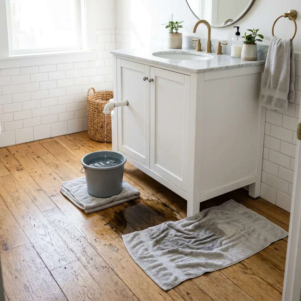 Towels and a bucket containing a leak on a hardwood floor while waiting for an emergency plumber