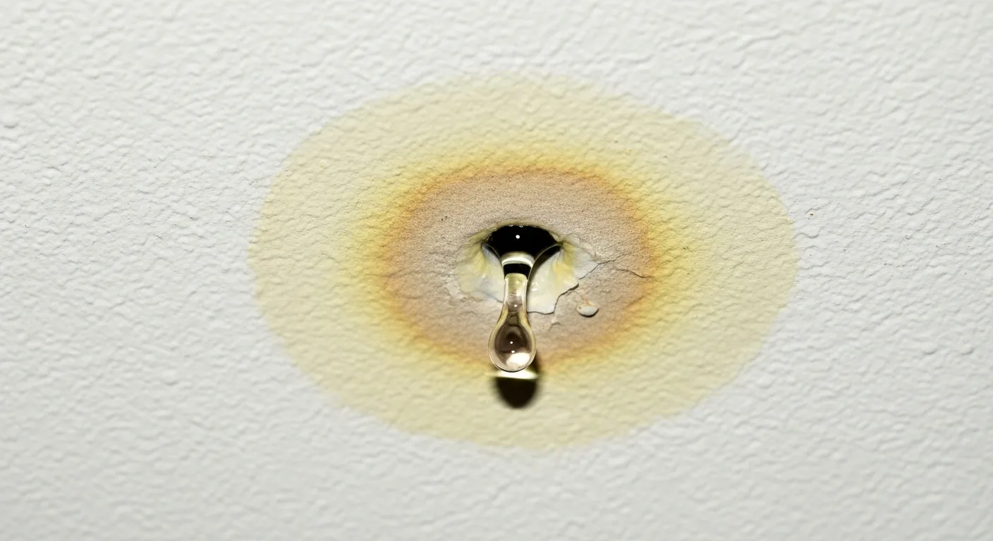 Water stain and a forming drip on a white ceiling, the first visible sign of a hidden leak above