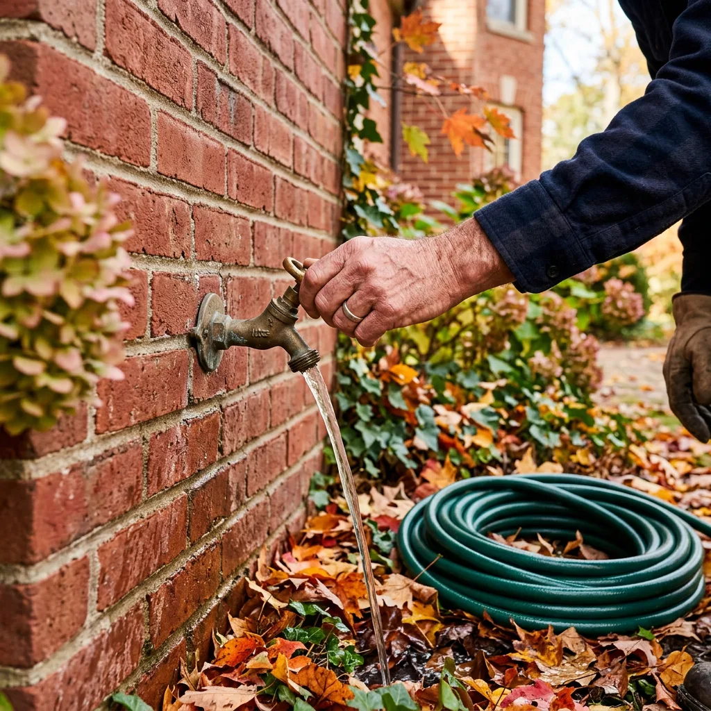 Testing an outdoor faucet on a brick wall in autumn with the garden hose disconnected for winterization