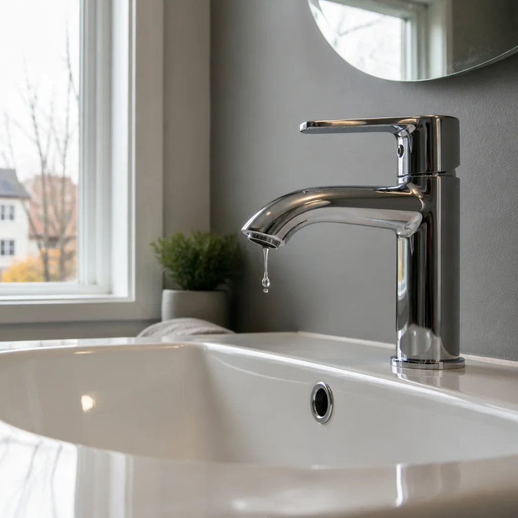 A drop of water falling from a chrome bathroom faucet into a white sink