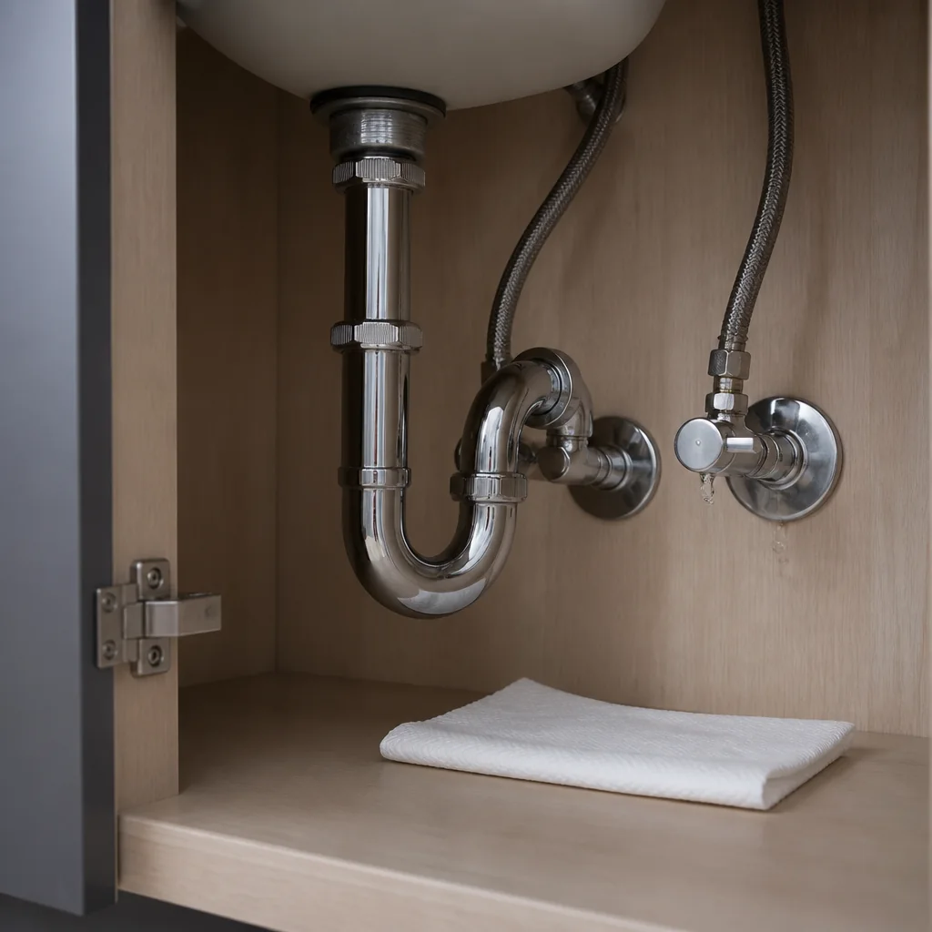 Under a bathroom sink, showing the faucet connections, shut-off valves, trap, and a dry paper towel