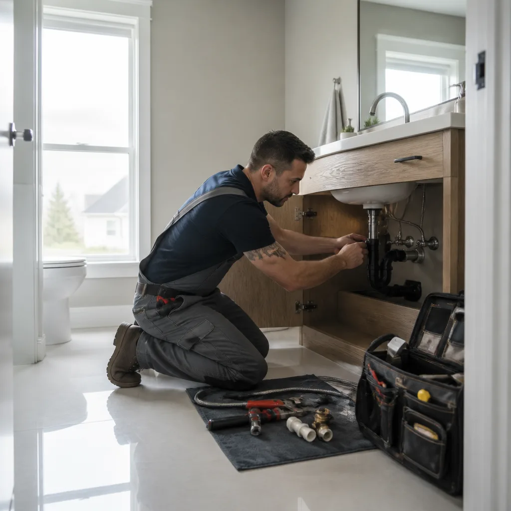 Ottawa plumber installing a modern bathroom faucet beneath a vanity