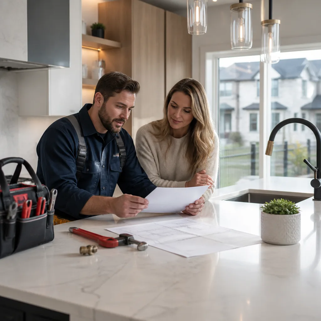 Ottawa plumber reviewing a written plumbing estimate with a homeowner at a kitchen island
