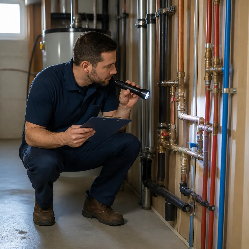 Licensed Ottawa plumber inspecting copper and PEX supply lines in a basement utility room