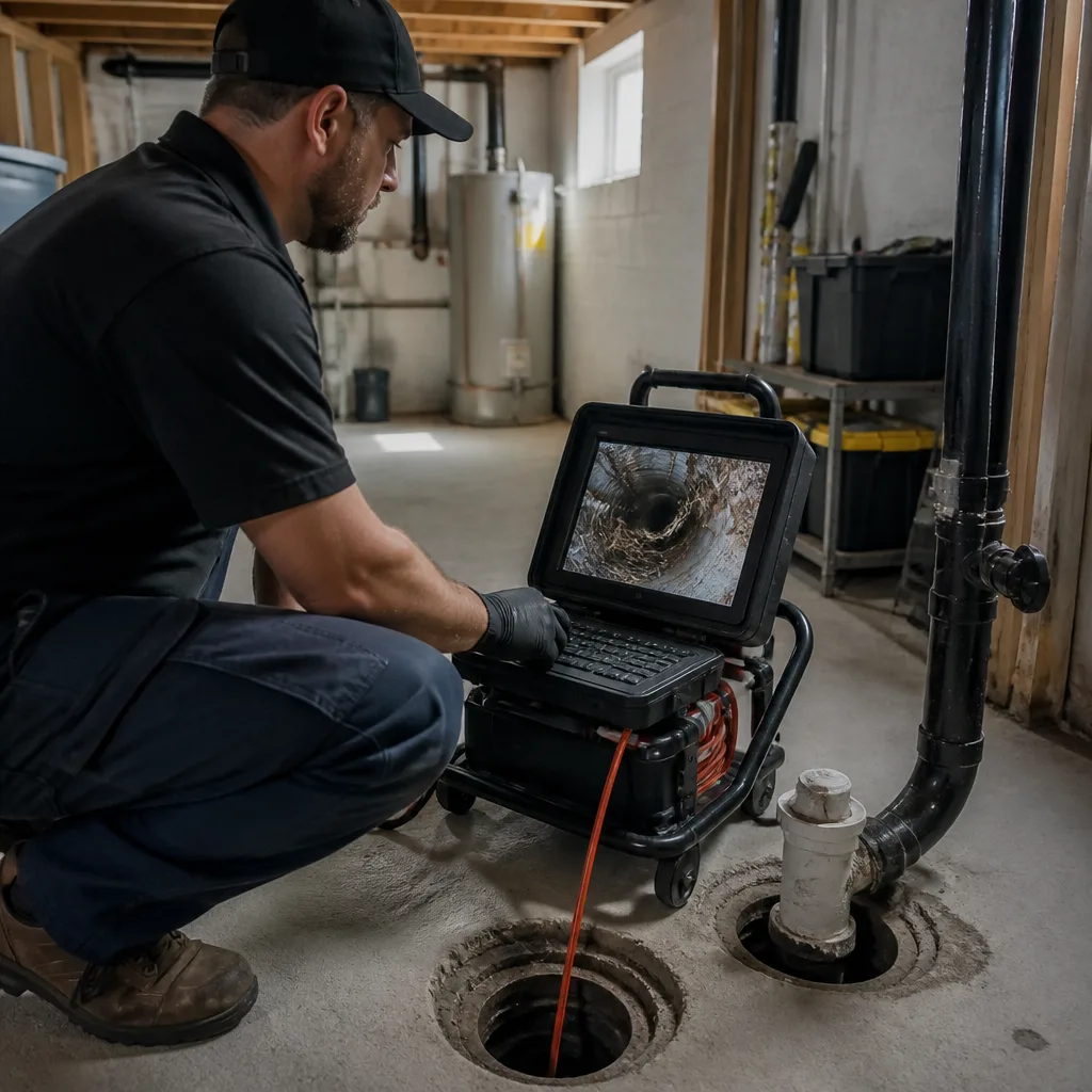 Ottawa plumber performing a sewer camera inspection beside a basement cleanout