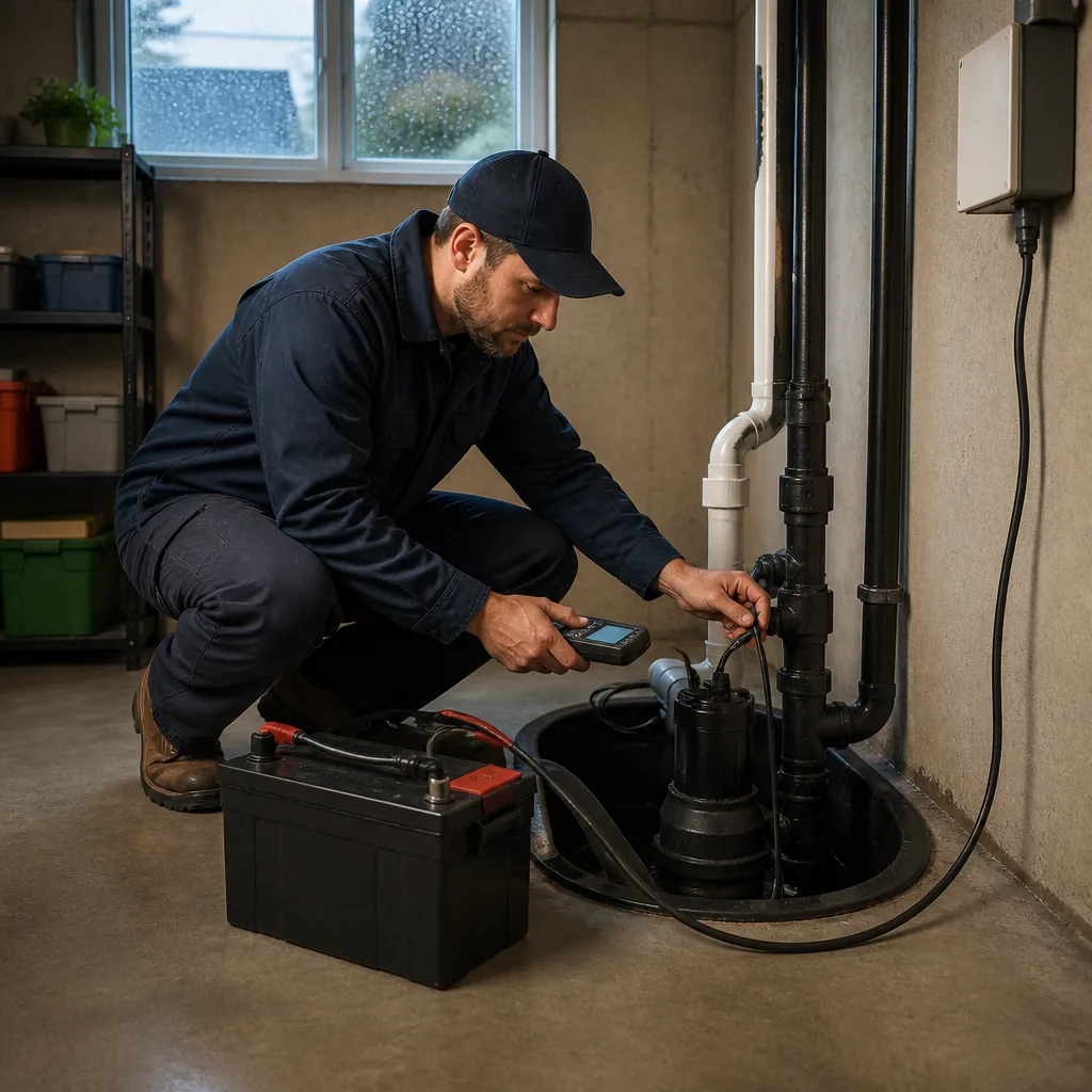 Ottawa plumber testing a sump pump and battery backup in a residential basement