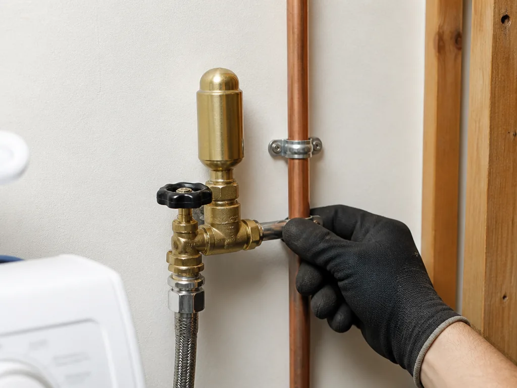 Close view of an accessible water-hammer arrestor and supported copper pipe beside a washing machine connection