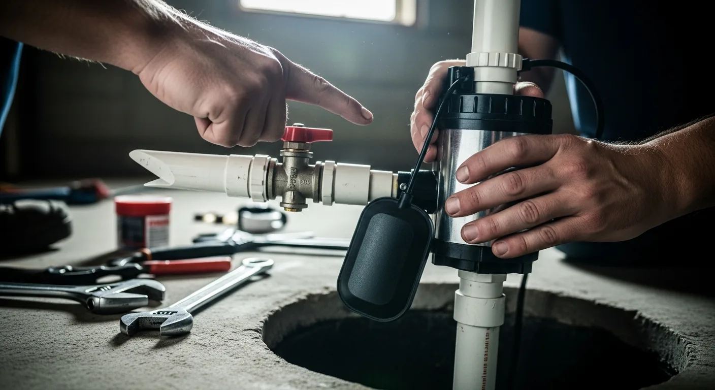 Plumber's hands inspecting a sump pump float switch and check valve, holding the pump out of the basement pit