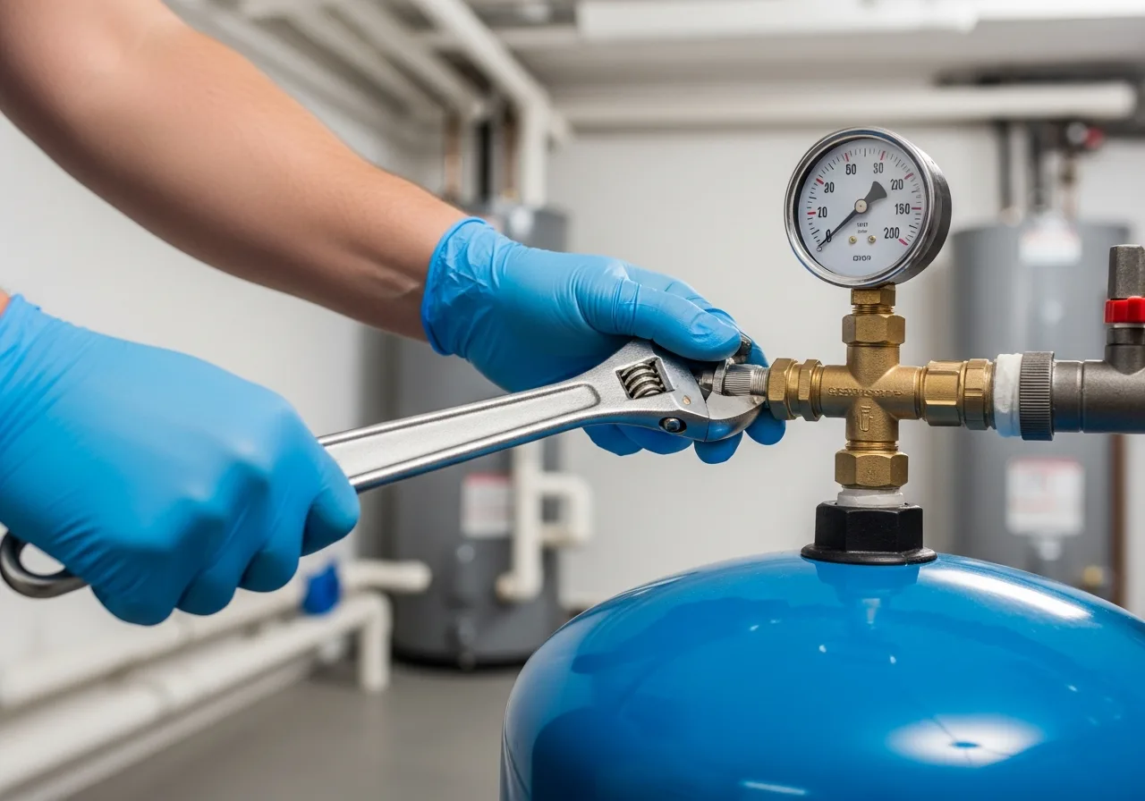 Plumber servicing a well pump pressure tank with a wrench, water pressure gauge visible